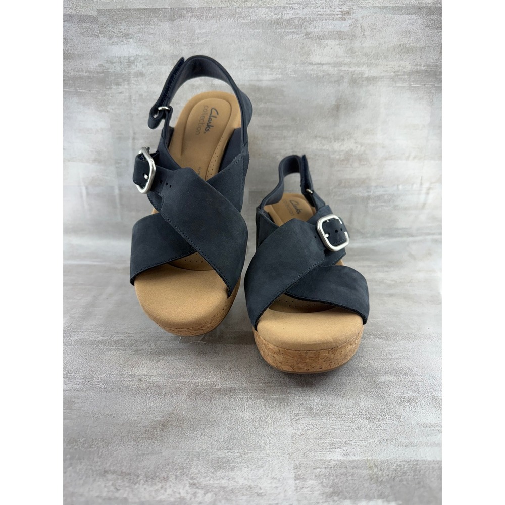 Clarks Giselle Dove Navy Blue Nubuck Cork Wedge Sandals Women Sz 9.5M 261771464
